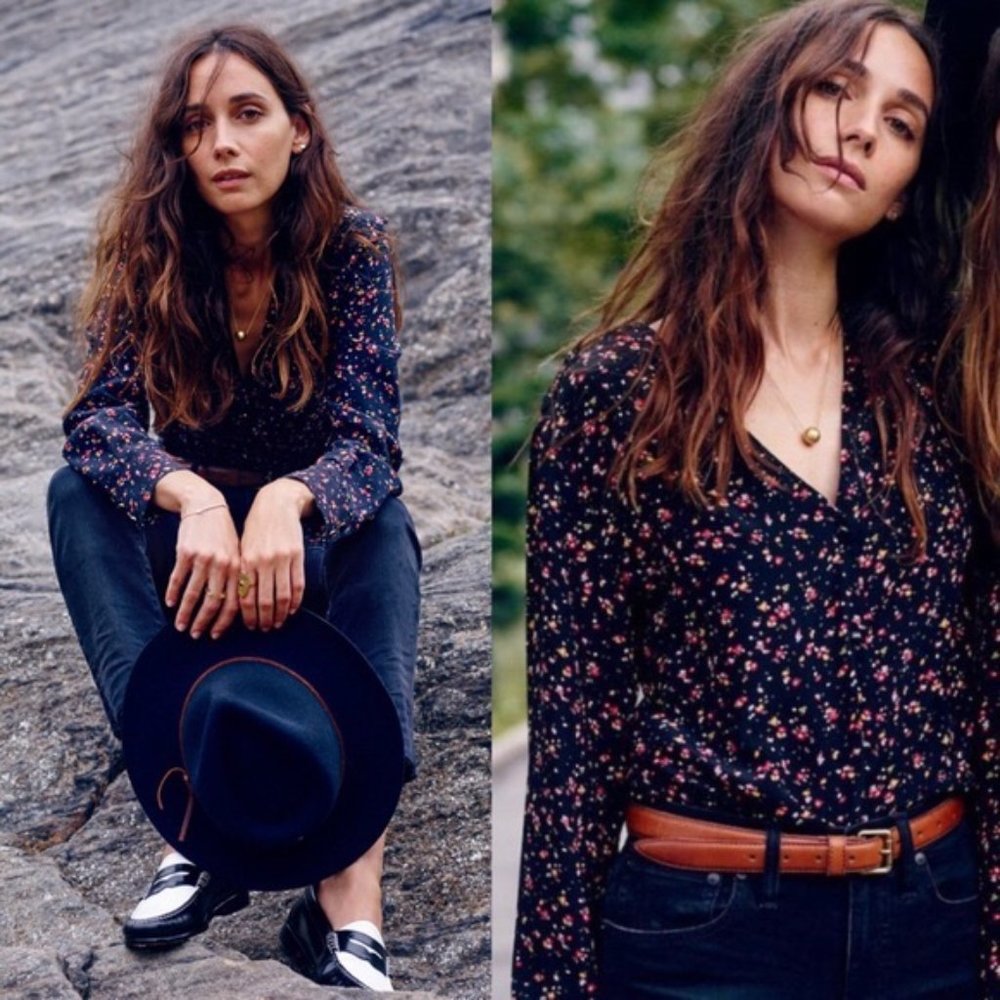 Sezane Navy Floral V-Neck Blouse